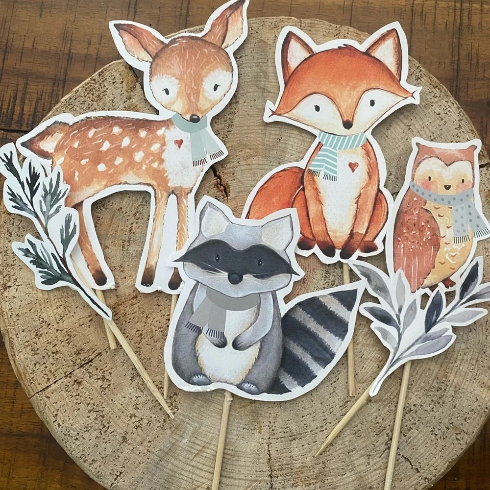 Woodland Animal Forest Animal Greenery Birthday Theme Cake Topper Decor